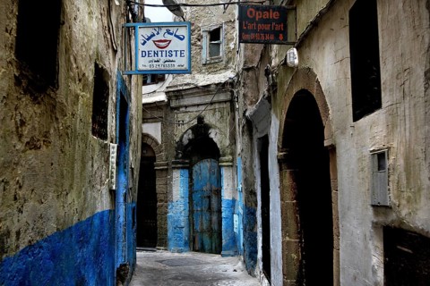 Narrow, blue-painted alley in the old town of Essaouira, Essaouira, Morocco