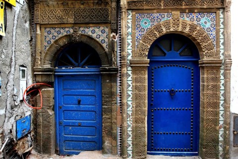 Two ornately decorated blue doors in the old town of Essaouira, Essaouira, Morocco