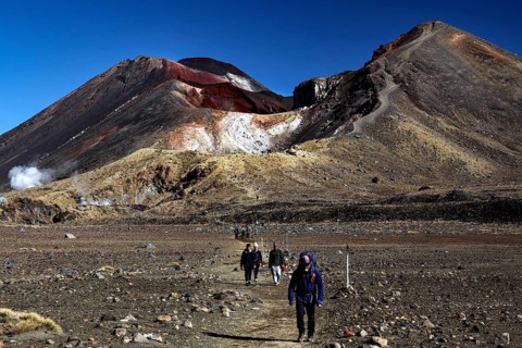 Hikers on Tongariro Alpine Crossing with views of Mount Tongariro and Mount Ngauruhoe, Tongariro