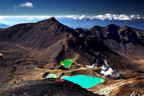 Brilliant green Emerald Lakes amidst steep volcanic landscape, Tongariro National Park, New Zealand