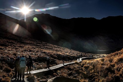 Hikers on the Tongariro Alpine Crossing with bright sunlight in the mountains, Tongariro National