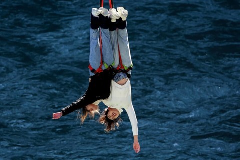 Double bungee jump from Kawarau Bridge across the blue water in Queenstown, Queenstown, New Zealand