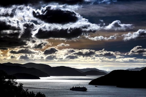 Drive along Queen Charlotte Sound under dramatic clouds, Queen Charlotte Sound, Marlborough, New