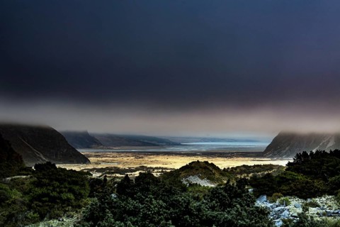 Wide valley view with cloudy sky in Hocker Valley, New Zealand, zero