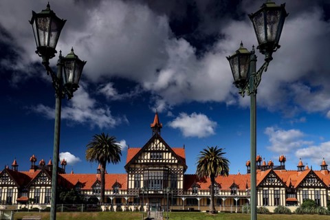 The Bath House in Government Gardens with majestic lanterns, Rotorua, Bay of Plenty, New Zealand