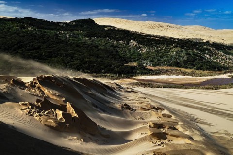 Extensive sandy landscape with blowing sandstorm and green vegetation, Ninety Mile Beach, Te Paki,