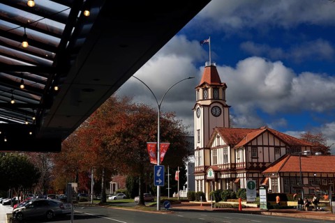 Historic building with clock tower in Rotorua on a sunny day, Rotorua, Bay of Plenty, New Zealand