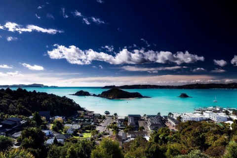 Breathtaking view of Paihia's Bay of Islands, lined with islands and city, Paihia, Bay of Islands,