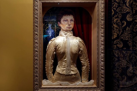 Opulent interior view of Larnach Castle with antique sculpture in a noble frame, Otago Peninsula,