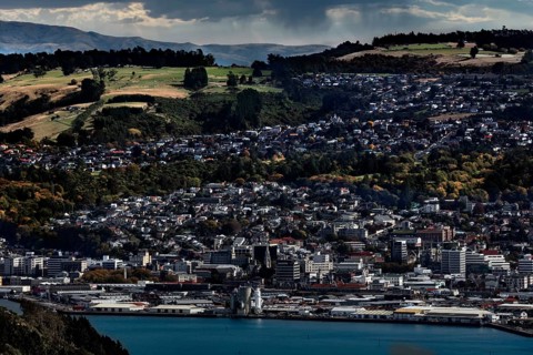 Panorama of Dunedin with densely built urban landscape and surrounding hills, Dunedin, Otago, New