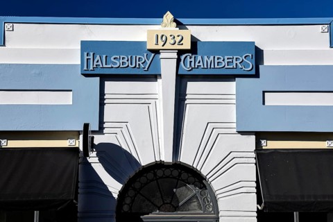 Art Deco building with blue façade built in 1932, Napier, Hawke's Bay, New Zealand