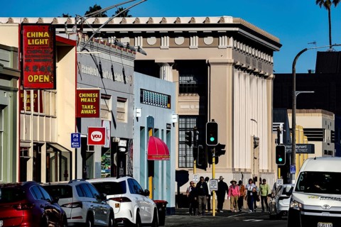 Urban street scene with art deco buildings and traffic, Napier, Hawke's Bay, New Zealand