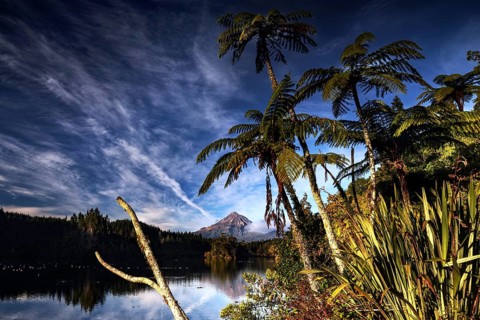 View of Lake Mangamahoe with tree fern and Mount Taranaki in the background, New Zealand, zero