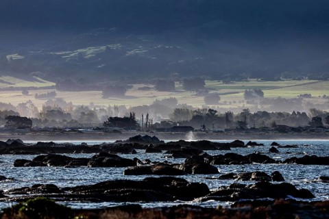 Rocky coastline of Kaikoura with views of water and countryside, Kaikoura, New Zealand