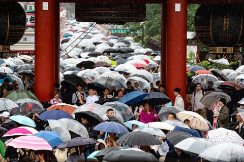 Crowd of people with umbrellas at a traditional festival, Tokyo, Asakusa, Japan
