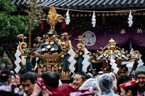 With Mikoshi on Sanja Matsuri surrounded by a dense crowd, Tokyo, Asakusa, Japan