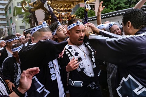 Attendees at the lively Sanja Matsuri shrine festival in traditional clothes, Tokyo, Asakusa, Japan
