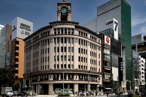 Historic building with a distinctive clock tower in the city center, Tokyo, Ginza, Chuo, Japan