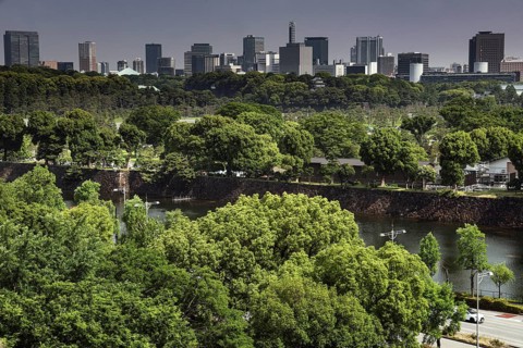 Tokyo roof terrace with views of Imperial Palace and green palace gardens, Tokyo, Tokyo, Japan