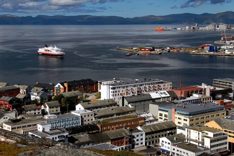 Hurtigruten ship approaches Hammerfest harbour, Hammerfest, Finnmark, Norway