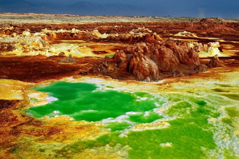 Colourful geothermal scene in Dallol with vivid green water areas, Dallol, Afar region, Ethiopia
