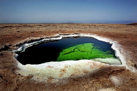 Solfatar hot water pool with remarkable green and blue in Dallol, zero