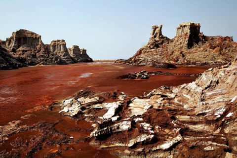 Extensive structures in the volcanic area of Dallol with rocks and canyon, zero