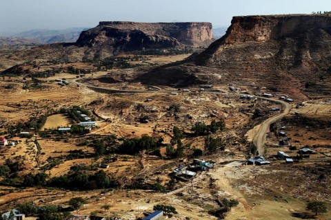 Extensive landscape with flat mountains and scattered villages, Debre Damo, Tigray, Ethiopia