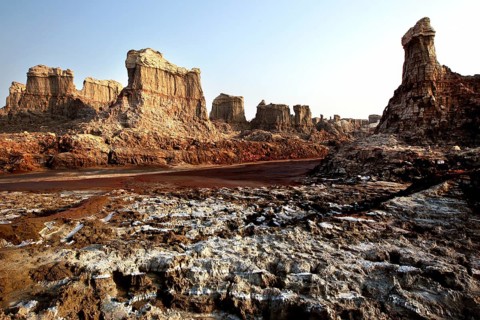 Impressive rocks and salt formations in the Dallol desert form a deep, eroded canyon, Dallol, Afar,