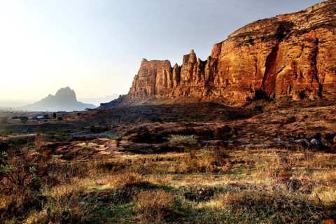 Wide rocky landscape of the Gheralta Mountains at sunrise or sunset, zero