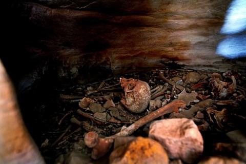 Hermit cave near the rock church Abba Daniel Crokor with visible bones, Gheralta Mountains, zero,