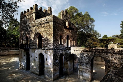 Historic stone architecture with arches and a traditional character in the bath of Fasilidas,