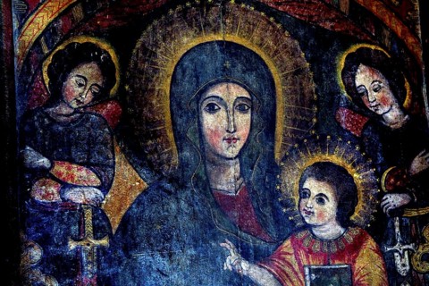 Wall painting in Debre Berhan Selassie depicting Madonna and Child surrounded by angels