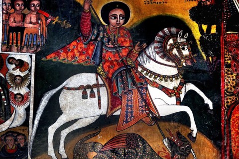 Detailed wall paintings in Debre Berhan Selassie church, Gondar, Ethiopia