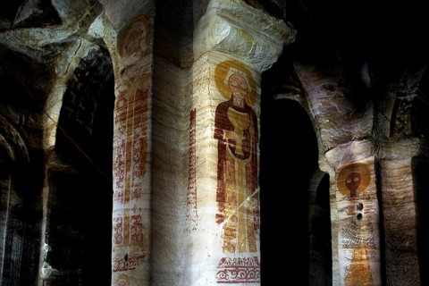 Interior view of Debre Mariam Krokor rock church with impressive frescoes on the pillars, zero
