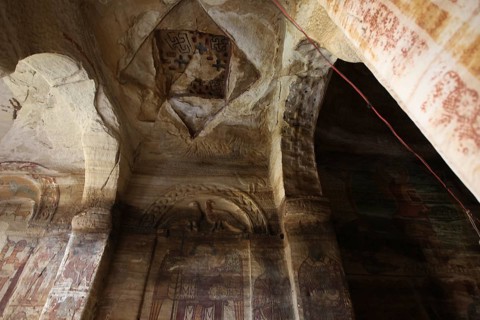 Impressive interior view of the vaulted ceiling of the rock church Debre Mariam Krokor, Gheralta