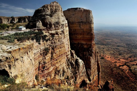 Massive rock walls near the monastery in the Gheralta region with a wide panorama, zero