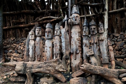 Detailed wooden figures in Konso village showing rich traditions, Konso, Ethiopia