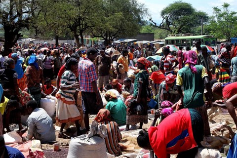 Busy market in Konso with lots of people and goods in vivid colors, Konso, region, Ethiopia
