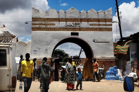 The historic Shoa Ber western gate of Harar with people in front of it, Harar, Harari, Ethiopia