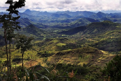Wide view of a hilly landscape with thick forests and deep valleys in Konso, Konso, region,