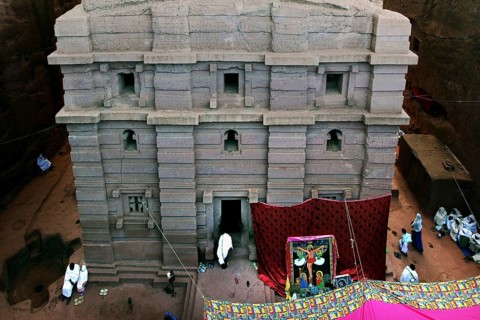 The rock church of Bete Emanuel with intricately carved details and religious symbols, Lalibela,