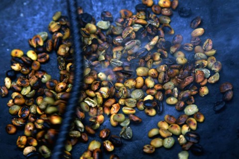 Coffee beans are traditionally roasted on a fire, lively atmosphere, Lalibela, Ethiopia