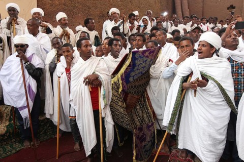 A large crowd during a religious procession, Lalibela, Amhara, Ethiopia