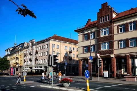 Bustling street scene with historic buildings in Klaipeda New Town, Klaipeda, Klaipeda County,
