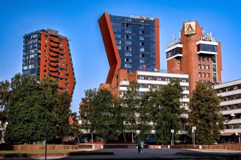 Modern skyscrapers with asymmetrical design in Klaipeda New Town, Klaipeda, Klaipeda County,