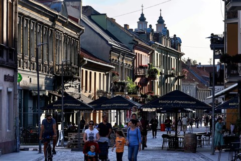 Vivid street scene of Vilnius Gatve in Kaunas with people and historic facades, Kaunas, Kaunas,