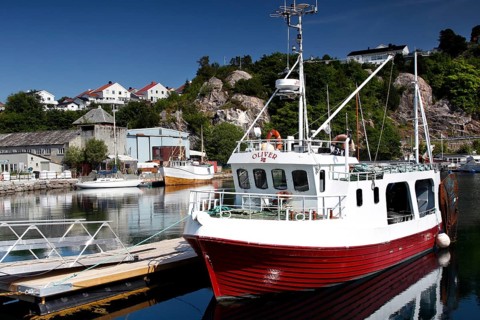 View from Kirkelandet marina on Gomalandet with fishing boat and houses in the background,