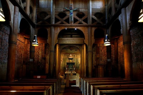 Interior view of Heddal Stave Church with impressive wooden structures, Heddal, Notodden, Norway