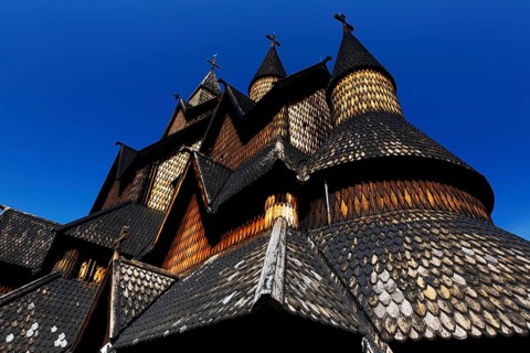 Stave church in Heddal, impressive wooden structure with detailed architecture, Heddal, Notodden,